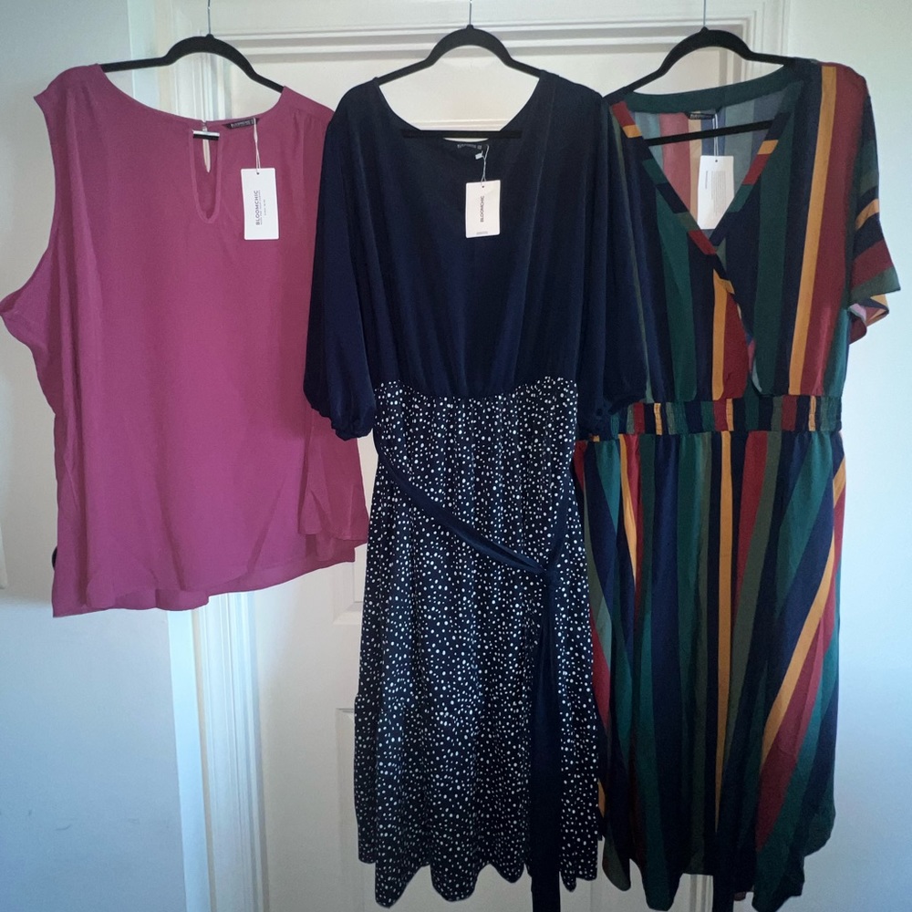 NWT - BloomChic Plus Size (28) sleeveless shirt, striped dress, polka dot dress